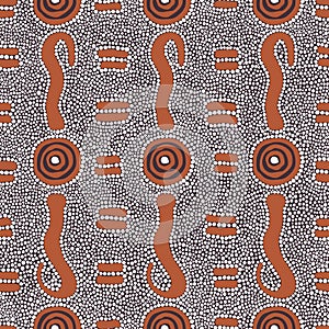 Vector seamless pattern including ethnic Australian aboriginal shield motive with typical elements on dotted background or texture