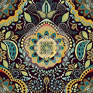 Vector seamless pattern. Indian floral ornament. Colorful decorative wallpaper. Paisley and plants. Vector illustration