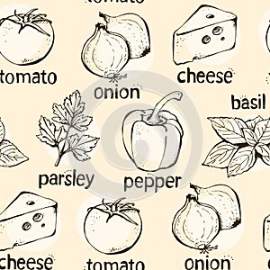 Vector seamless pattern of ingredients for pizza