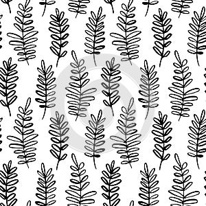 Vector seamless pattern of ink drawing wild plants, herbs, monochrome botanical illustration, floral elements, hand