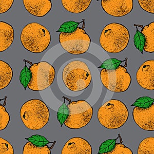 Vector seamless pattern with ink hand drawn citrus fruit, slices and leaves sketch. Mandarin orange, tangerine on gray