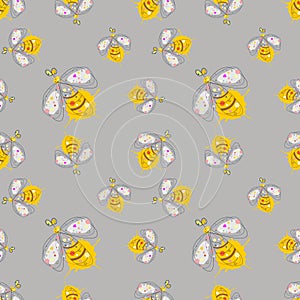 Vector seamless pattern with insect Hand drawn outline decorative endless background with cute drawn wasp Graphic illustration. Li