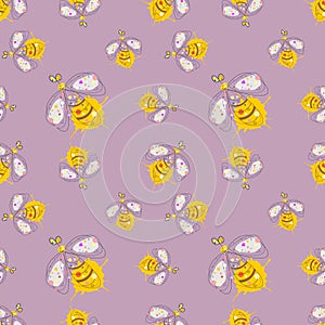 Vector seamless pattern with insect Hand drawn outline decorative endless background with cute drawn wasp Graphic illustration. Li