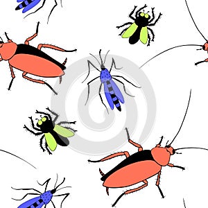 Vector seamless pattern of insect pests - oriental cockroaches, flies, mosquitoes. Bright pest control texture