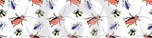 Vector seamless pattern of insect pests - oriental cockroaches, flies, mosquitoes. Bright pest control texture