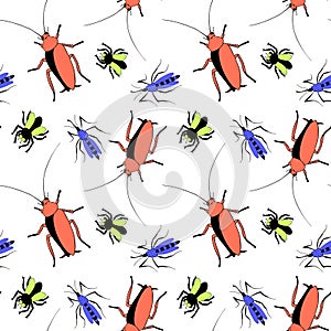 Vector seamless pattern of insect pests - oriental cockroaches, flies, mosquitoes. Bright pest control texture