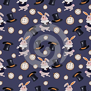 Vector seamless pattern inspired by Alice in Wonderland with rabbit, stovepipe hat and clock