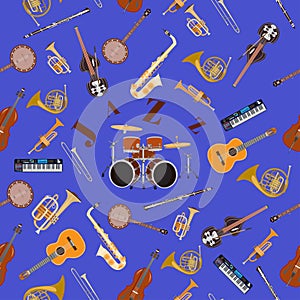 Vector seamless pattern with jazz music instruments.