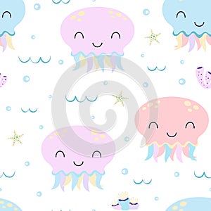 vector seamless pattern with jellyfishes and seaweed