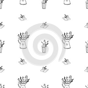 Vector seamless pattern with jug, glass, croissant, flowers. Hand drawn illustration. Colorless contour ornament