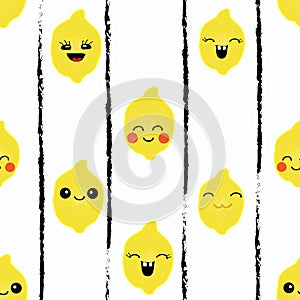 Vector seamless pattern, kawai happy lemon faces inbetween hand dawn stripes. Cute vinage pattern.