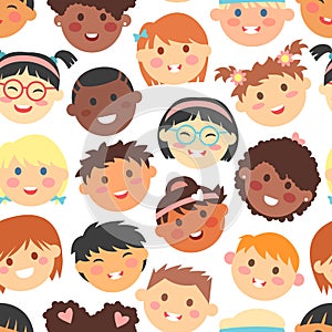 Vector seamless pattern of kids faces different races