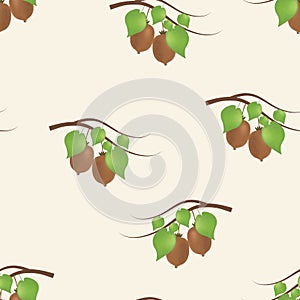 Vector seamless pattern of kiwi branches with leaves on a light beige background.