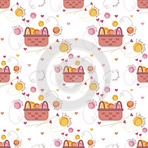 Vector seamless pattern with knitting tools, needle, thread, basket, heart and inscription I love knitting. Craft hobby.