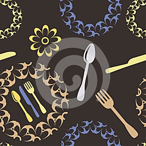 Vector seamless pattern with knives, forks, spoons and plates