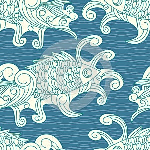 Vector seamless pattern with koi carp fishes