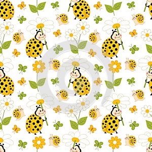 Vector Seamless Pattern with Ladybug, Snail and Butterfly. Insects Vector