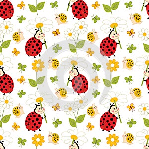 Vector Seamless Pattern with Ladybug, Snail and Butterfly. Insects Vector