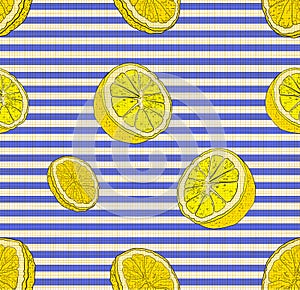 Vector Seamless Pattern, Lemons, citrus Background, Stiped Blue and White Backdrop, Linen Textile Texture.