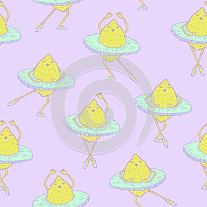 Vector seamless pattern of lemons dancing in ballet tutu.
