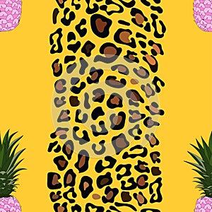 Vector Seamless pattern of leopard skin and pink pineapple on yellow background,illustration Leopard print, Wild Animals and photo