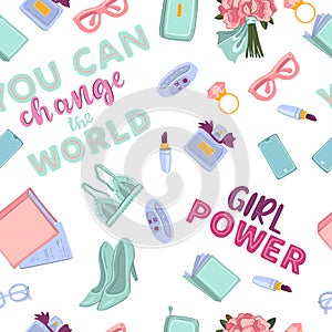 Vector seamless pattern with lettering â€œYou can Change the Worldâ€ and â€œGirl Powerâ€.