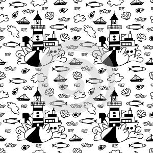 Vector seamless pattern with lighthouse, ship, sea waves, clouds and fish