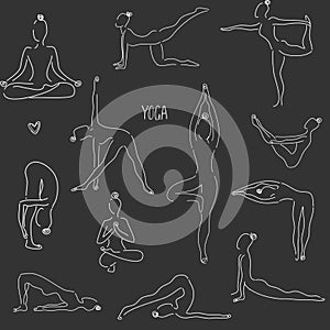 Vector seamless pattern in line art style of woman doing yoga. Set of yoga poses. Dark background. Pattern for yoga