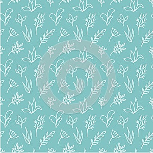 Vector seamless pattern with line floral elements: leaves, twigs, flowers. Minimalistic summer monochrome background.