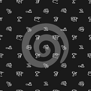 Vector seamless pattern with linear icons isolated on black background, set of construction tools