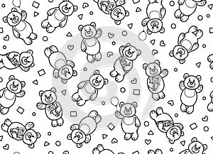 Vector seamless pattern of little bears cartoons, black silhouette. Cute Teddies  seamless background