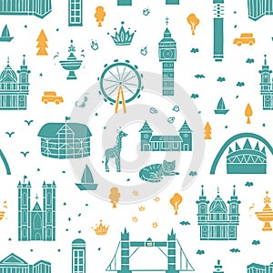 Vector seamless pattern with London attractions in cartoon style