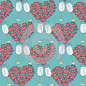 Vector seamless pattern on love theme. Valentine`s day seamless wine glass and hearts. Beautiful abstract pattern with