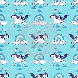 Vector seamless pattern of magical unicorns in the sky among fluffy clouds. Hand drawn illustration of a unicorn