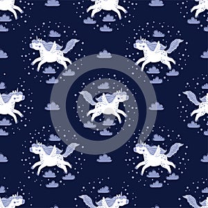 Vector seamless pattern of magical unicorns in the sky among fluffy clouds. Hand drawn illustration of unicorns and
