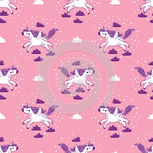 Vector seamless pattern of magical unicorns in the sky among fluffy clouds. Hand drawn illustration of unicorns and
