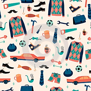 Vector seamless pattern with mans things. Happy Fathers Day concept.