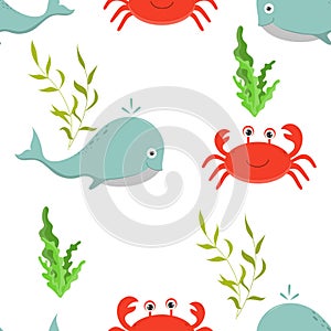 Vector seamless pattern of marine inhabitants and plants. Plant-animal pattern on a white background