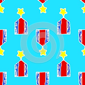 Vector seamless pattern of the medal is a white outline with red and blue stripes and a gold star. the pattern is a hand-drawn