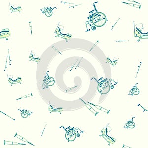 Vector seamless pattern with medical Wheelchair, crutches and bed transformer. For your web site design, logo, app, UI