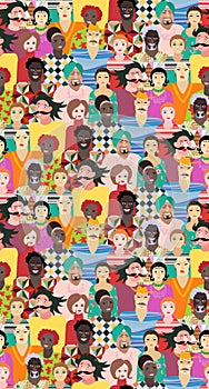 Vector seamless pattern with men and women of different ages, races and nationalities.