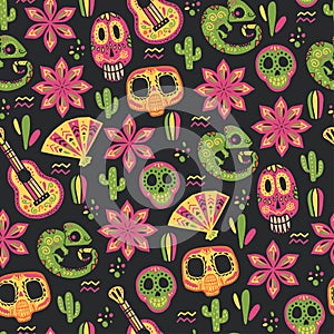 Vector seamless pattern with Mexico traditional celebration decor elements - guitar, skull, chameleon, fan, cactus, flower & abstr