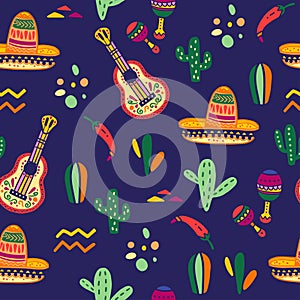 Vector seamless pattern with Mexico traditional celebration decor elements