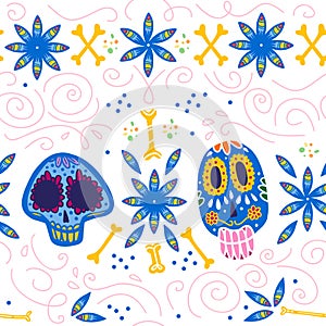 Vector seamless pattern for Mexico traditional celebration - dia de los muertos - with colorful skull, bones, floral ornament isol