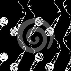 Vector seamless pattern with a microphone with a white line on a black background. a simple musical background of a hand