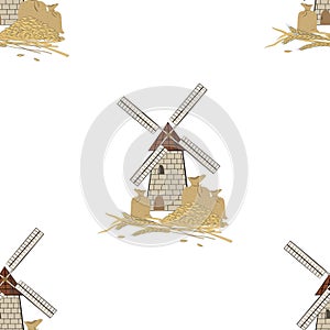 Vector seamless pattern of mills, bags with grain and ears of wheat on a white background.