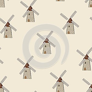 Vector seamless pattern of mills on a light brown background. It can be used in packaging, printing on fabric, napkins.