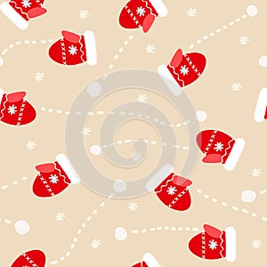 Vector seamless pattern with mittens and snowballs. Beige background. Abstract simple ornamental illustration