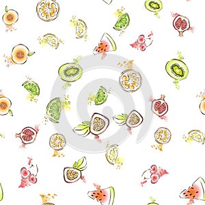 Vector seamless pattern with mixed fruits on a white backgroud. Lifght backdrop.