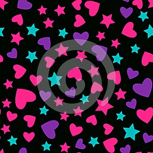 Vector Seamless pattern. Modern Bright design for kids girls. Abstract hearts and star on a black background.